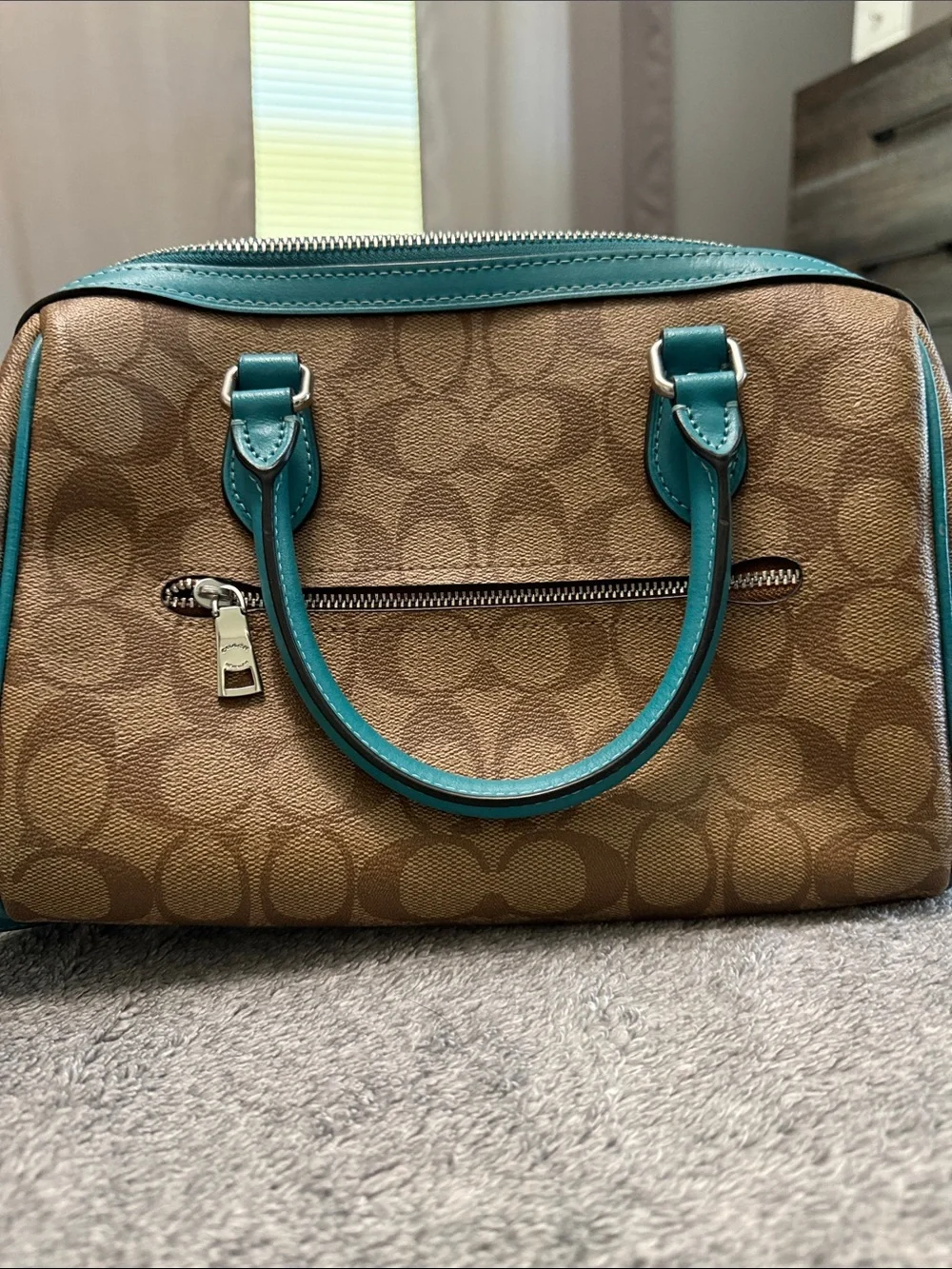 Coach Brown Signature Satchel with Teal Trim